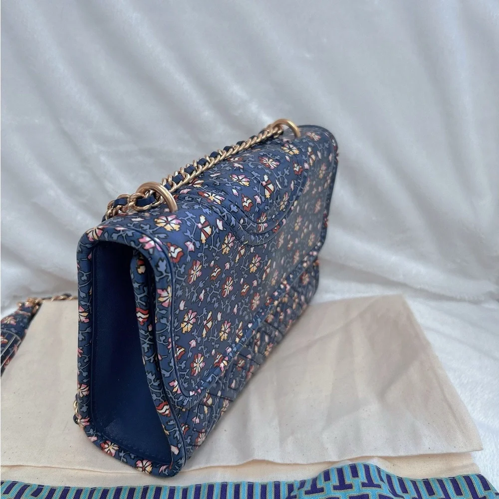Tory Burch Navy Floral Quilted Crossbody Bag with Gold Chain
